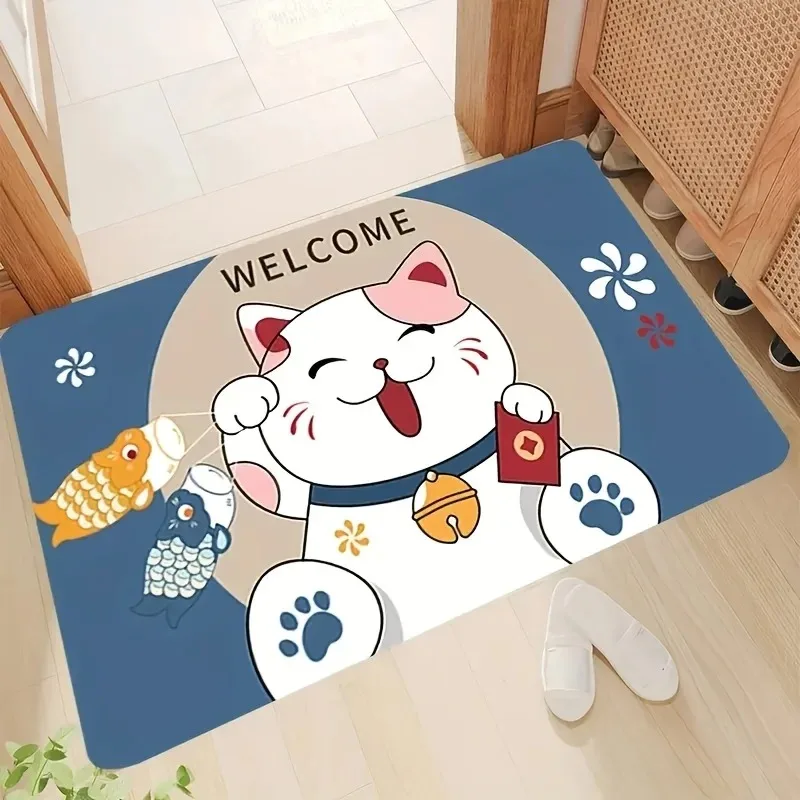 1 Pack of Polyester Fluffy Doormats Non-slip Hand Washable Anti-fatigue Welcome Mats with Soft Lucky Cat Pattern