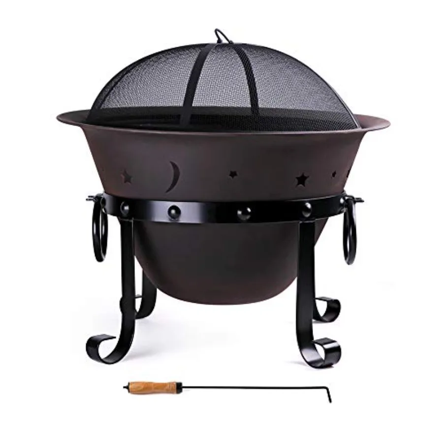 Cast Iron Fire Pits for outdoor use, black, heavy-duty round 29inch deep design with mesh screen poker