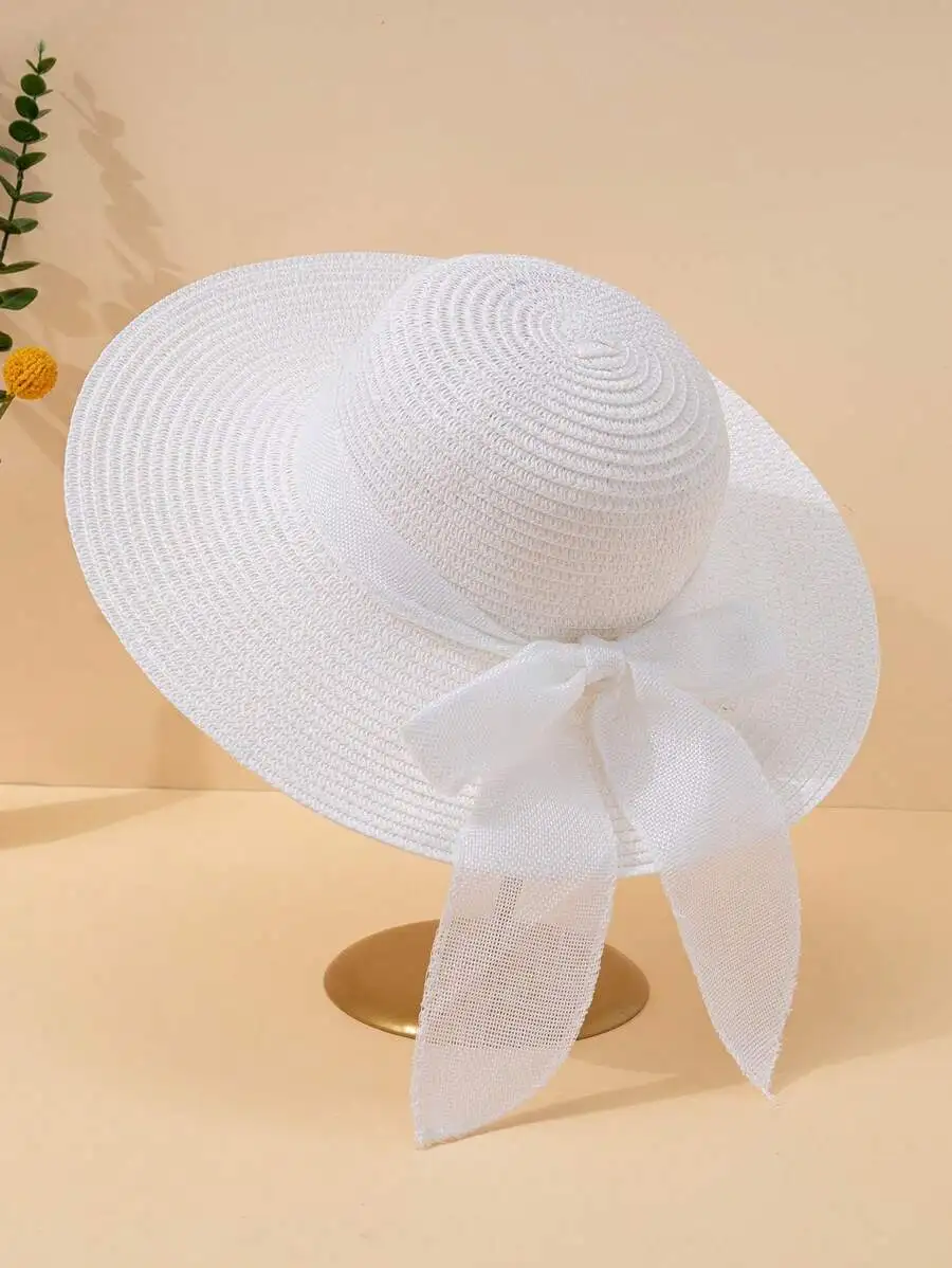 

White Wide Brim Straw Hat With Bow Ribbon For Women Summer Beach Sun Protection