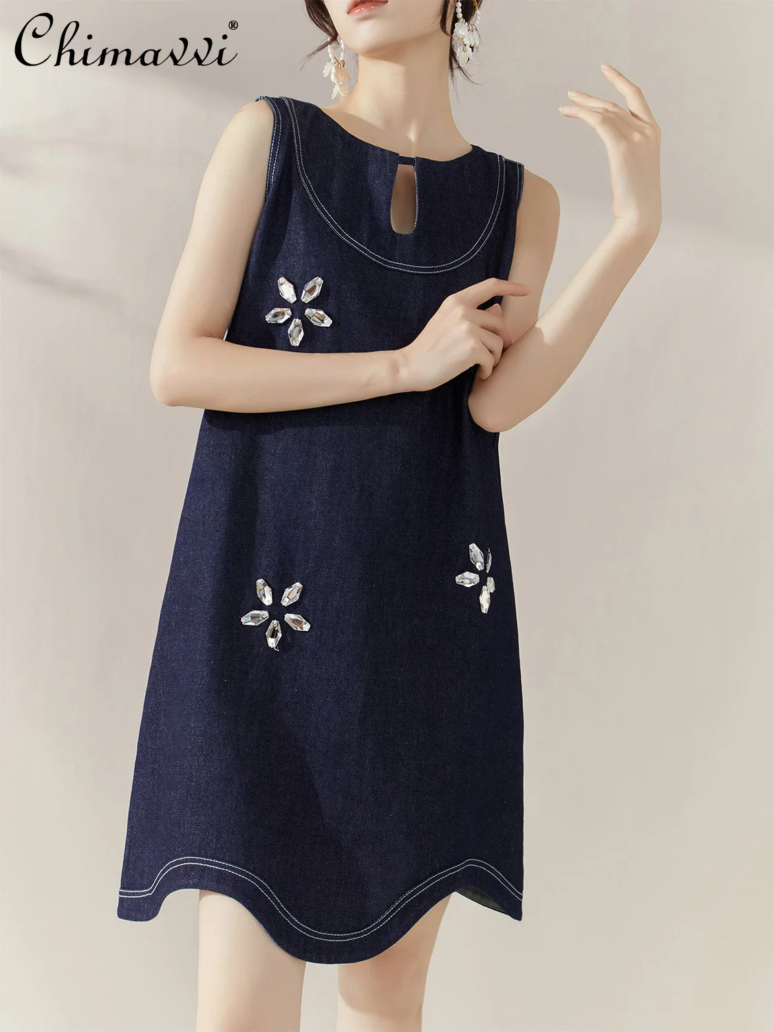 

French Elegant Retro Denim Dresses Round Neck Sleeveless Crystal Flower Loose Casual High Waist A-line Short Dress Women Summer