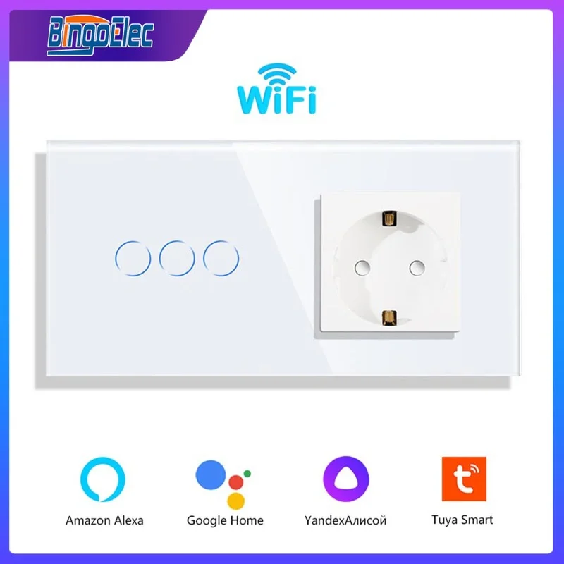 

Bingoelec Wifi Wall Touch Switches with Normal EU Socket Glass Panel 1/2/3Gang Google Alexa Light Switches Tuya App Control