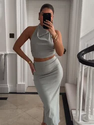HH Women 2 Piece Set Solid Halter Neck Sleeveless Backless Folds Buttons Decorate Vest Tops+Slit Hem Long Straight Skirt