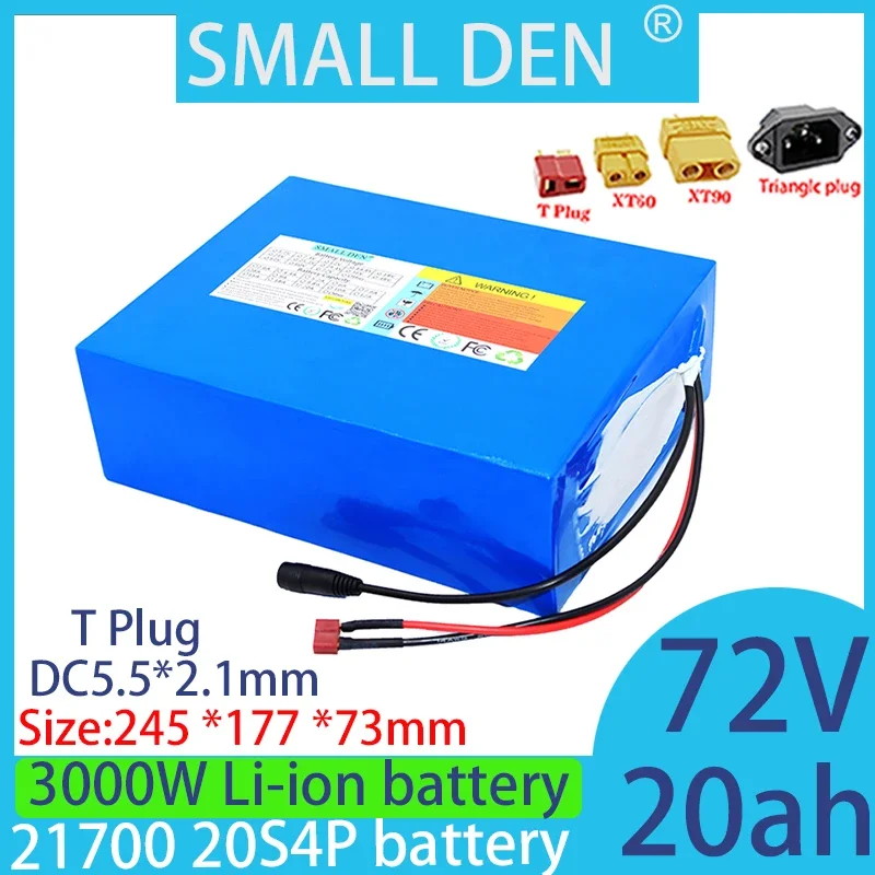 72V 20Ah 20S4P 21700 lithium battery pack  high power 1000W 3000Wwith 40A BMS 3A  5A charger suitable for rechargeable batteries