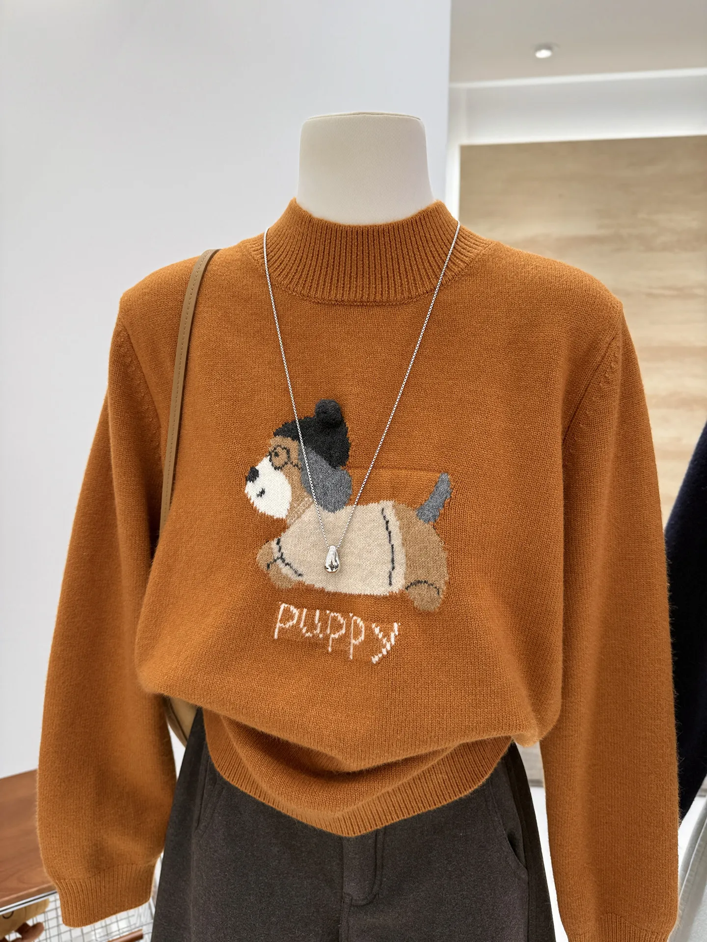 Half-high-necked autumn and winter new cartoon dog jacquard loose slim warm cashmere knitted pullover sweater