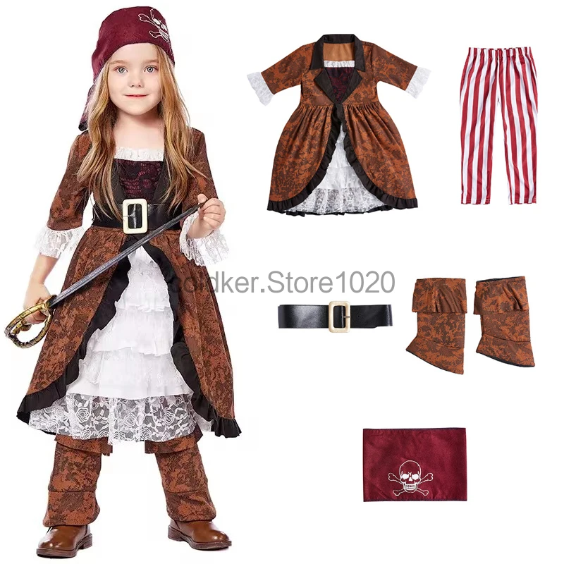 Kids Caribbean Pirate Captain Costume Girls Halloween Purim Carnival Party Pirates Cosplay Outfits Children Renaissance Clothing