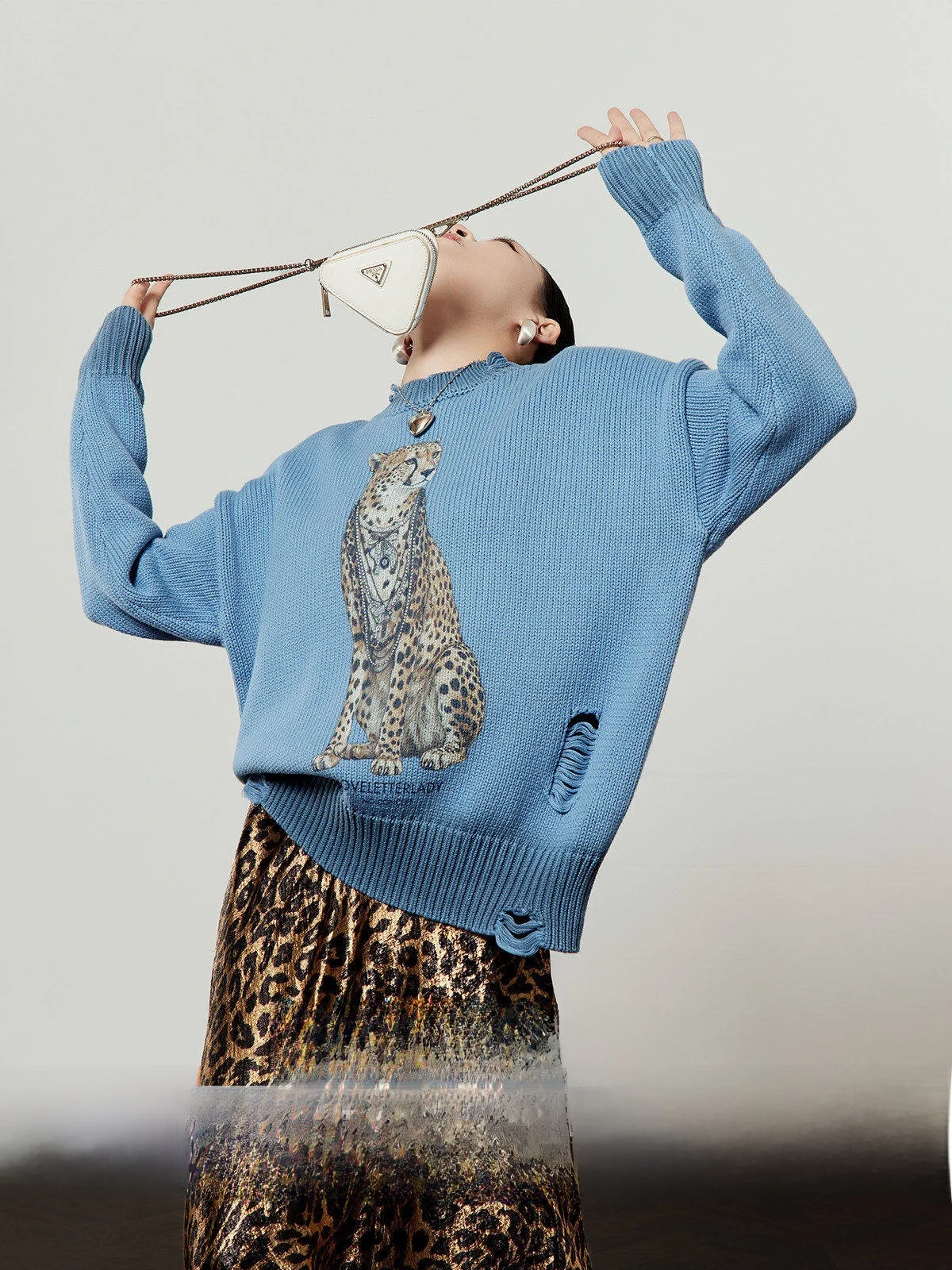 

Blue Knitted Print Hole Women's Sweater Casual Sle Loose Fit Long Sve Winter 2025 New Arrival Street Faion Ladies Top