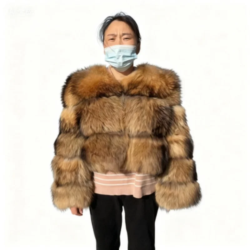 プラスサイズトップスブラウンファーマオマオコン肥満女性のアウターウェアナチュラルアライグマリアルファーコート冬ジャケット女性服