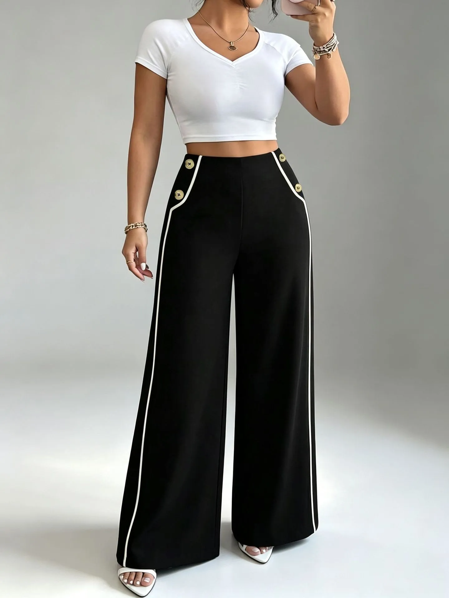 Damenhose mit hohem Bund, Knopfverschluss, vielseitig für den Alltag, weites Bein – Detail 5