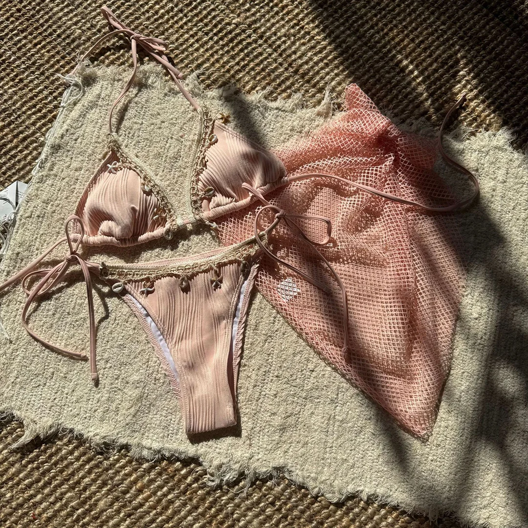 Neu mit Sarong-Oberteil, hoch geschnittenem Bikini, dreiteiligem Bikini-Set, Damen-Badeanzug, Badebekleidung, Badeanzug, Schwimmanzug V6215 – Detail 36