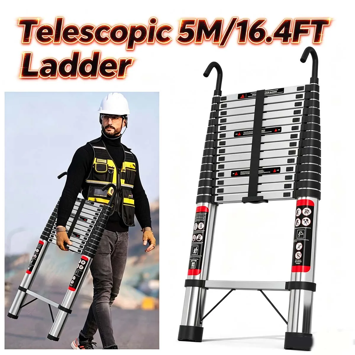 Échelle télescopique portable en acier inoxydable 5M/16.4FT avec crochets détachables, capacité maximale de 150KG