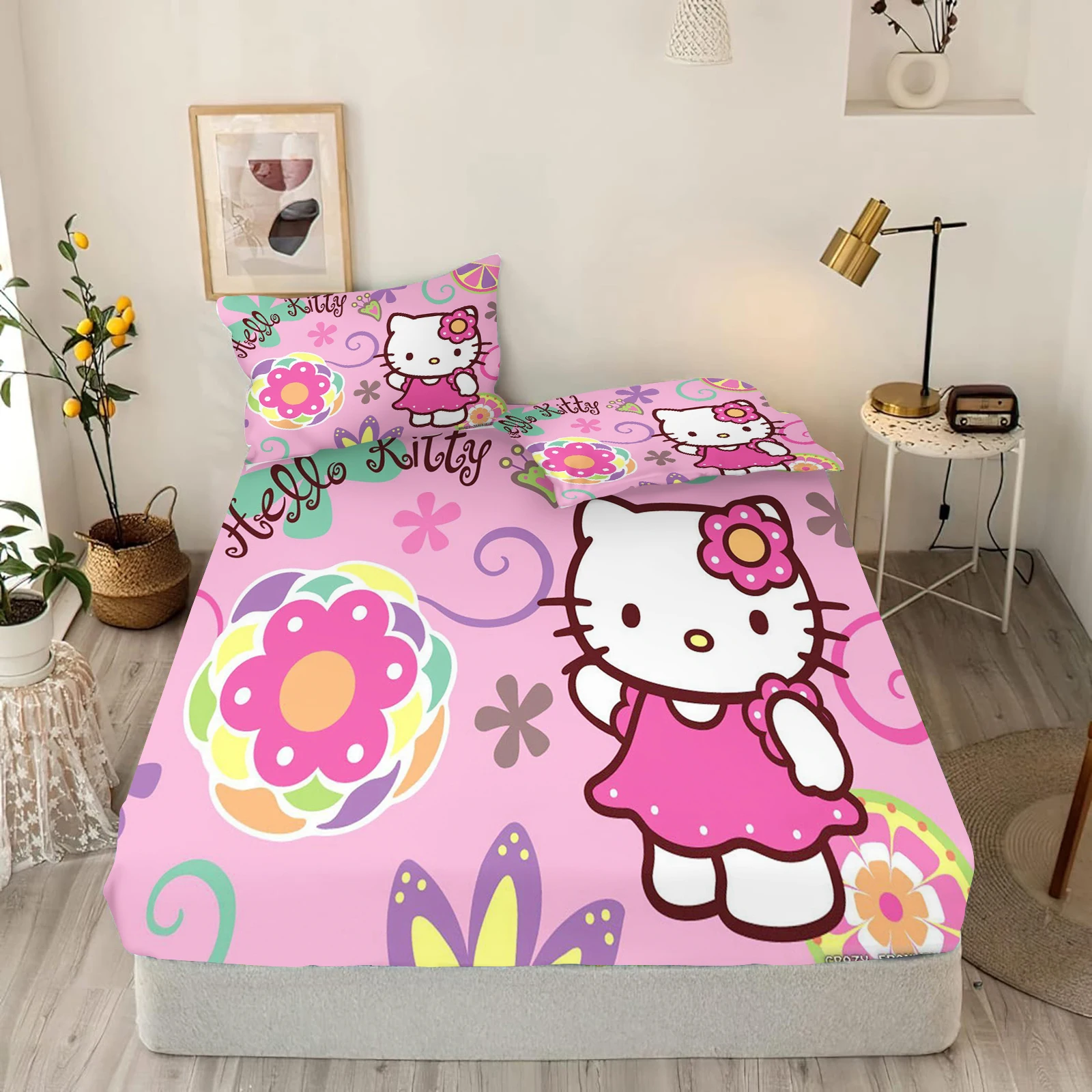 

Hello Kitty Cartoon Fitted Sheet, Sanrio Pattern, Cute Digital Printing, Baby Teenager with Sheets Cover, Elastic Bedding