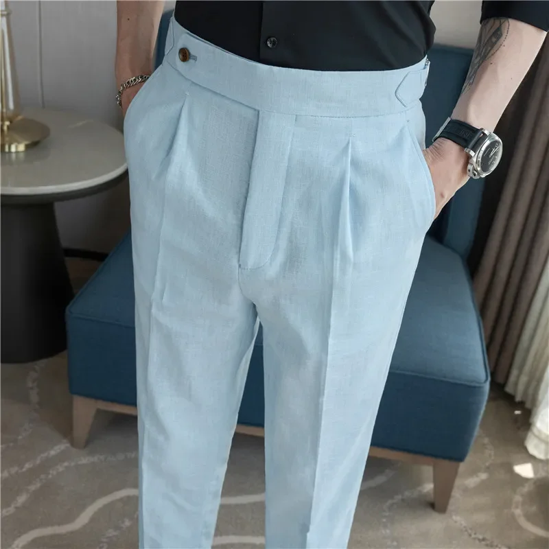 2024 Men\'s High Quality Cotton Hemp Fashion Western Pants Business and Leisure Versatile High Street Elastic Waist Hombre Pants