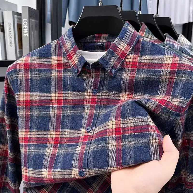 Oversized S~7XL Men's Plaid Shirt Long Sleeve Autumn Thick Flannel Soft Standard Fit 100% Cotton Single Pocket Casual Man Cloth