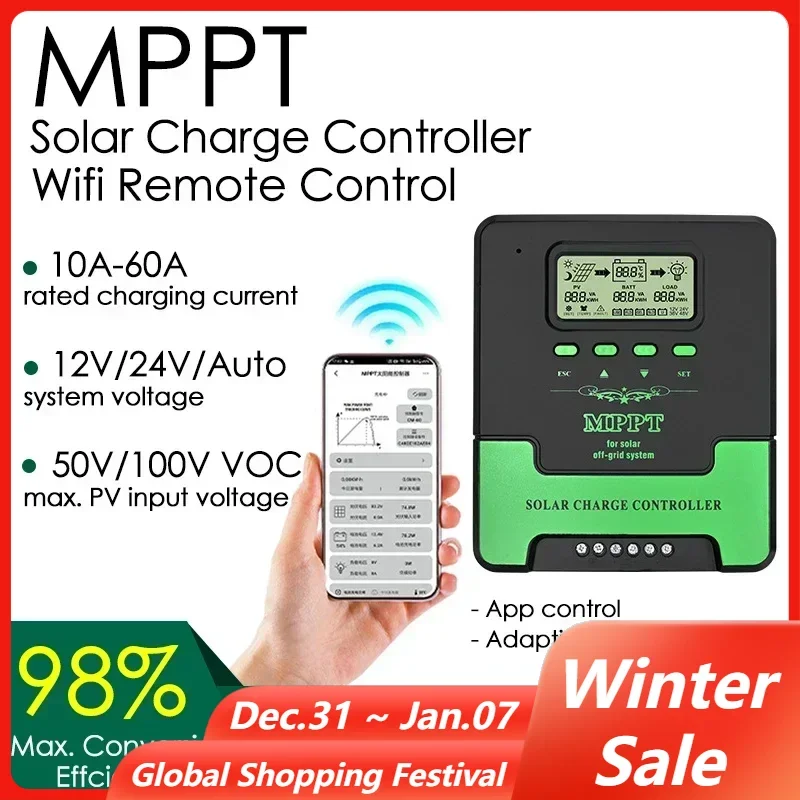 12/24V MPPT Solar Charge Controller 10/20/30/40/50/60A WiFi Solar Panel Regulator LCD USB for Lifepo4 Lead Acid Lithium Battery