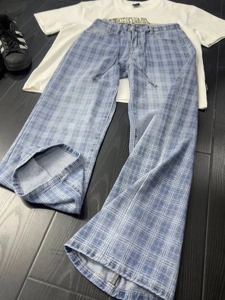 

Американские ретро-джинсы в клетку для мужчин, брюки OOTD с завязками, стройнящие, удлиняющие ноги, не обтягивающие, слегка расклешенные, молодежный тренд