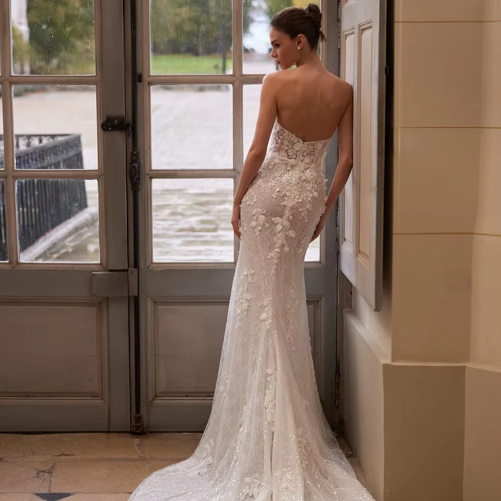 Customized Dreamy Sparkling Beaded Lace Wedding Dress Strapless Illusion Mermaid Bridal Gown Customzied Elegant Long Bridal Gown