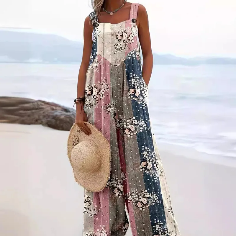 Hot Selling Plus Size Printed Jumpsuit For Women Trendy Loose Overalls Stylish Denim Romper Comfortable Stretchy High Waist