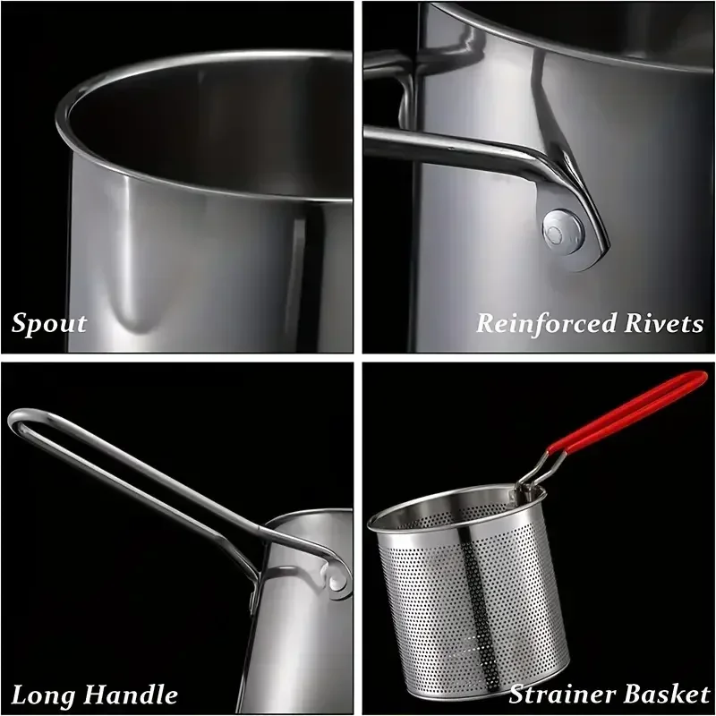 304 Stainless Steel Fryer With Strainer With Anti-scald Handle - Ldeal For Chips, Crisps, Fish And Chicken, Easy to Clean