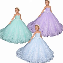 Flower Girl Dress Elegant Purple Wedding Dresses Blush Pink Floral Tulle Kids Birthday Bridesmaid Ball Princess Party Gowns