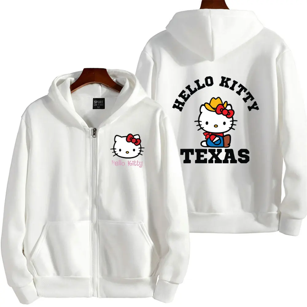 Hello Kitty Men Zip Up Hoodie Jacket 2024 New Spring Autumn Casual Women Sweatshirt Cartoon Anime Couple Oversized Clothes Coats