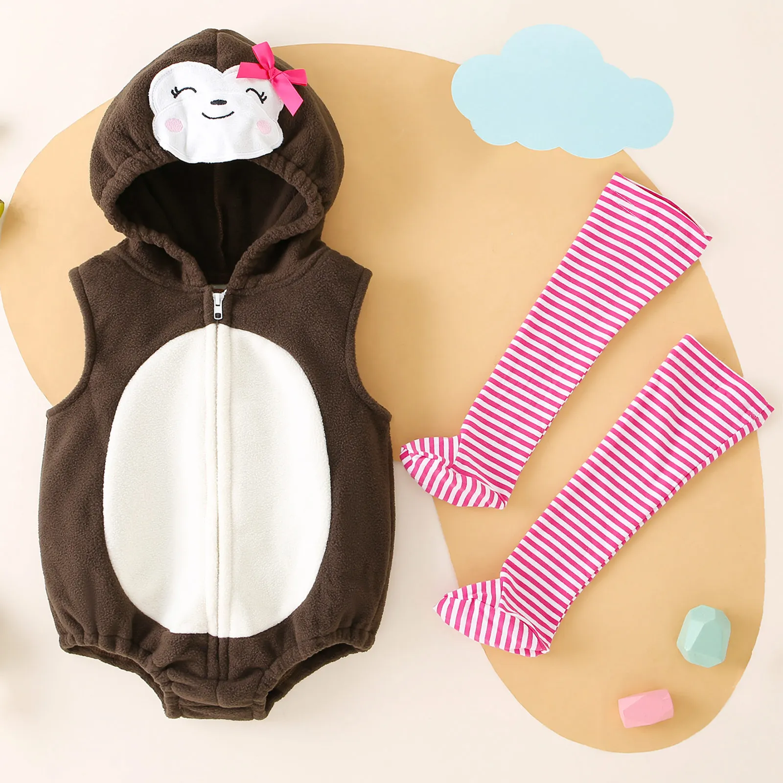 Baby Boys Girls Halloween Cute Animal Hooded Romper Sleeveless Zipper Jumpsuit with Striped Stockings Birthday Party Daily Wear