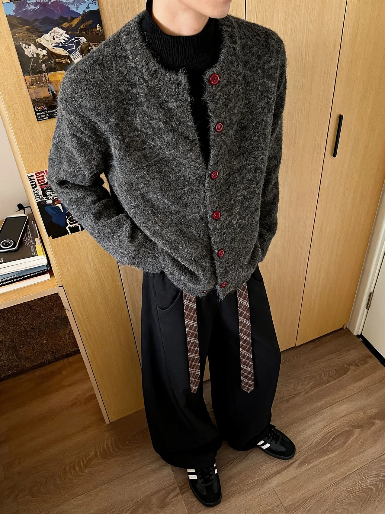 

American Retro f High Collar Open Cardigan Sweater Men Autumn Winter Korean Sle Lazy Knitted Outerwear Polyester Fiber