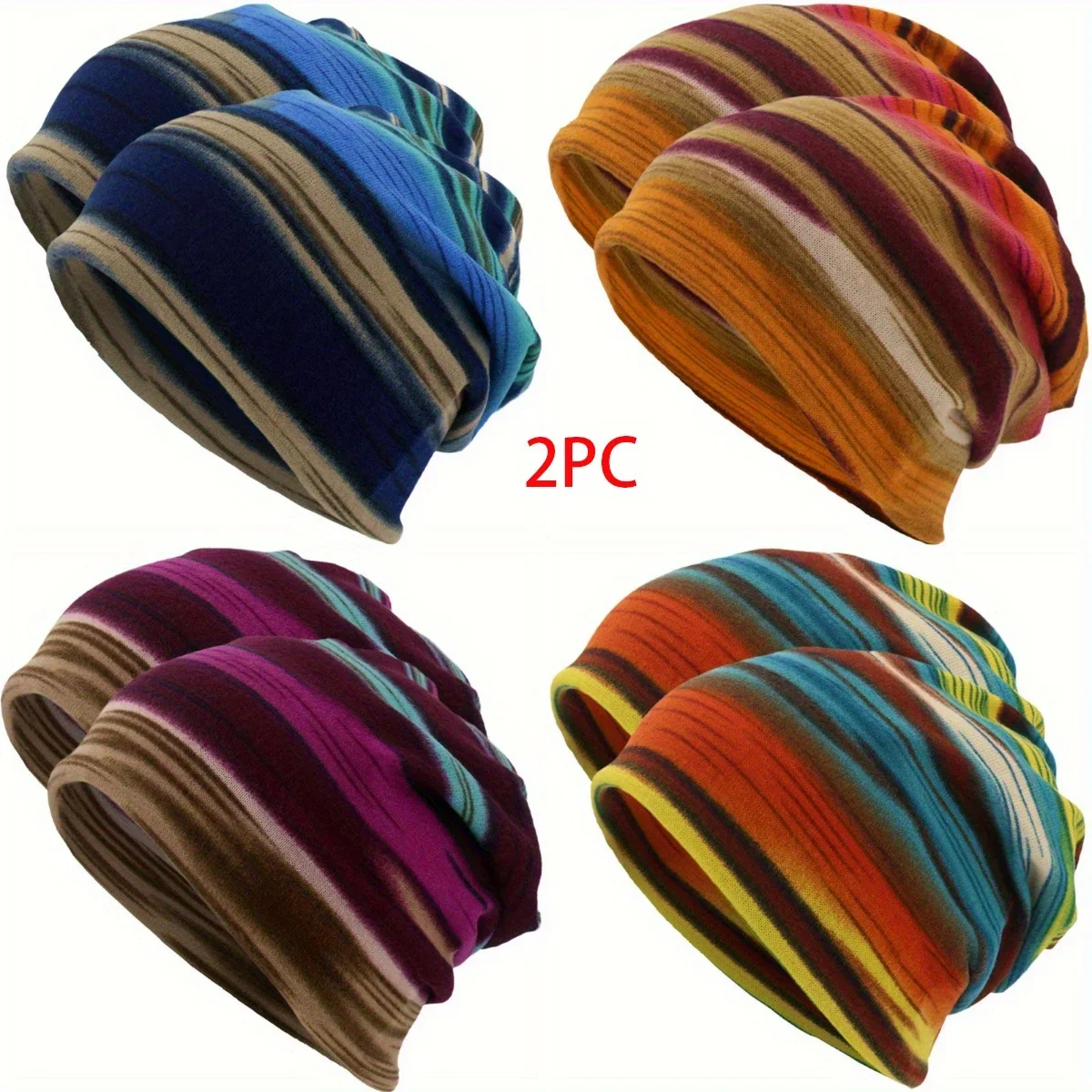 

2pcStriped Printed Headscarf Outdoor Warm Knitted Hat Street Hip-hop Style Popular Cap Casual Two-in-one Scarf Soft Hat