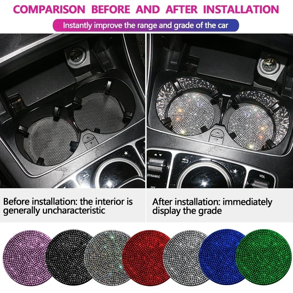 2 Peças Tapete Antiderrapante de Silicone para Porta-Copos de Carro, com Brilho de Diamante, Acessório de Decoração Interna Automotiva