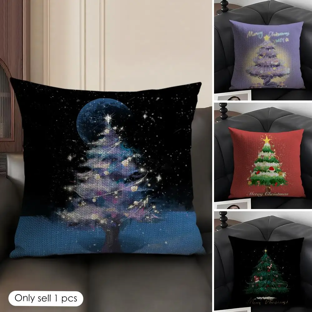 Christmas tree cool Printed Cushion Cover Natural Linen Organic Fabric Double-Sided Printing Sofa Home Decor Gift Pillow Case