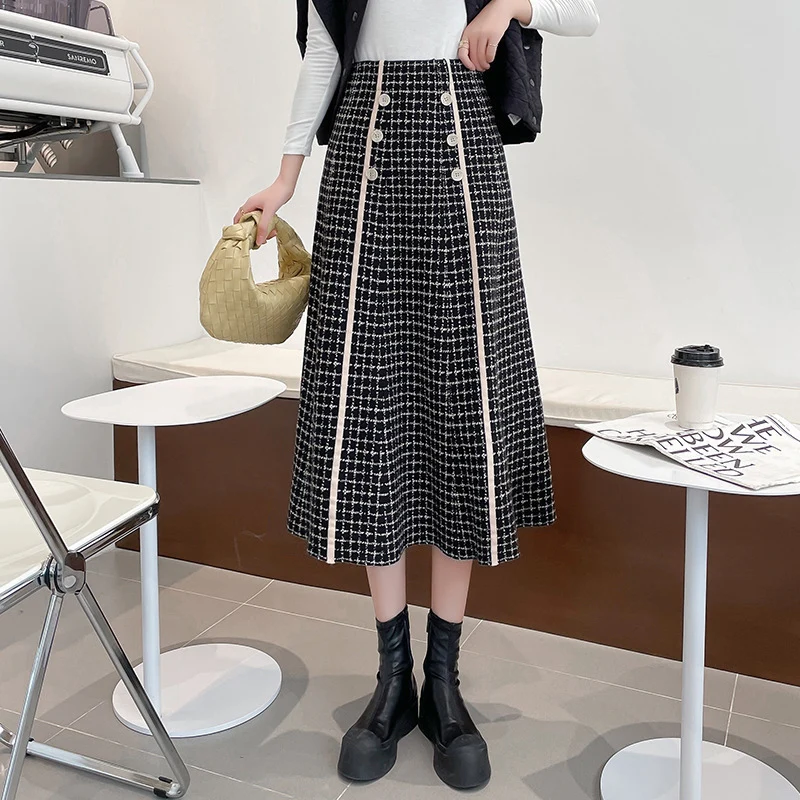 

Temperament Loose A-Line Skirt Women Metal Button Vintage Knitted Skirts Korean Big Swing Patchwork Office Lady Long Skirt Mujer