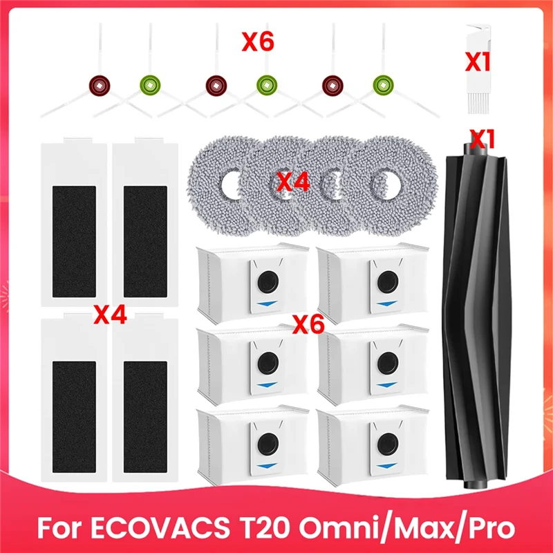 

Аксессуары для робота-пылесоса ECOVACS T20 Omni/Max/Pro: основные и боковые щетки, HEPA-фильтры, салфетки для уборки, мешки для сбора пыли.