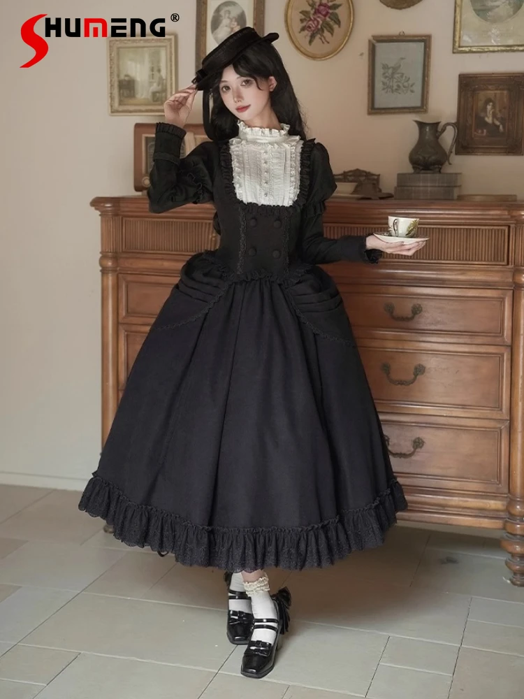 

Original French Elegant Retro Black Gothic Split Long Dresses Autumn New Women's Slim Fit Long Sleeve Top Skirt Set Lolita Dress
