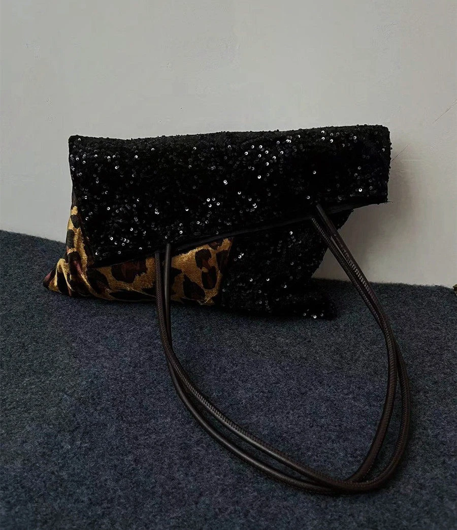 Miyagawa-Bolso de mano con estampado de leopardo para mujer, bolsa de mano Retro con lentejuelas, bolso de hombro a la moda