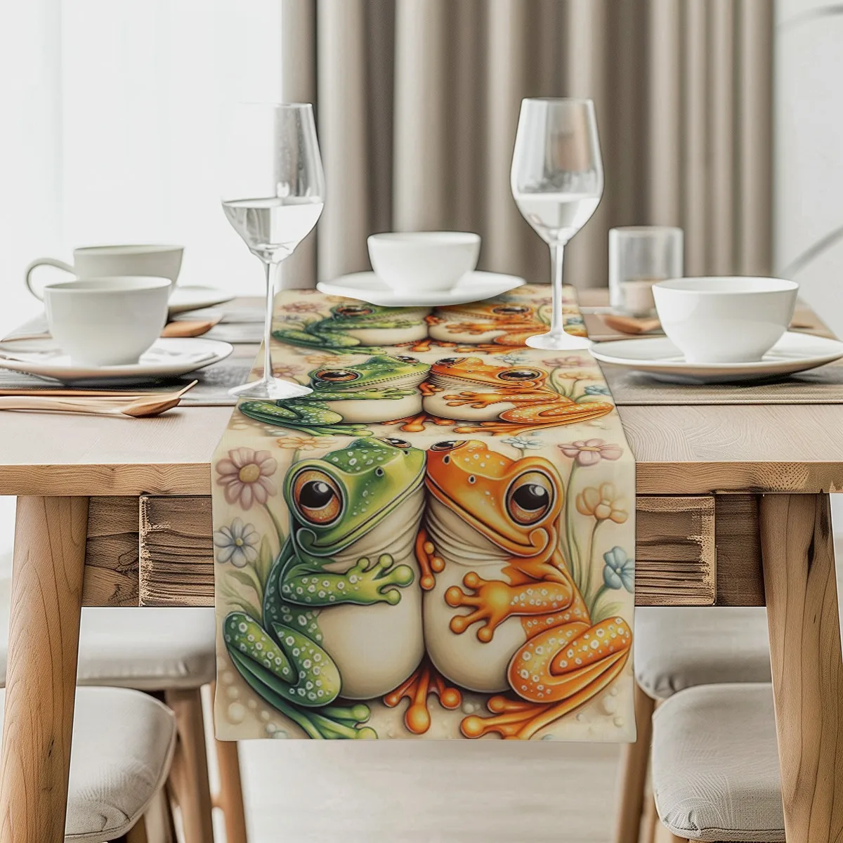 

print table runner Spring Frog Floral Whimsical Long cloth For Birthday,Wedding Bridal Shower Party Decor,Shower Party Supplies