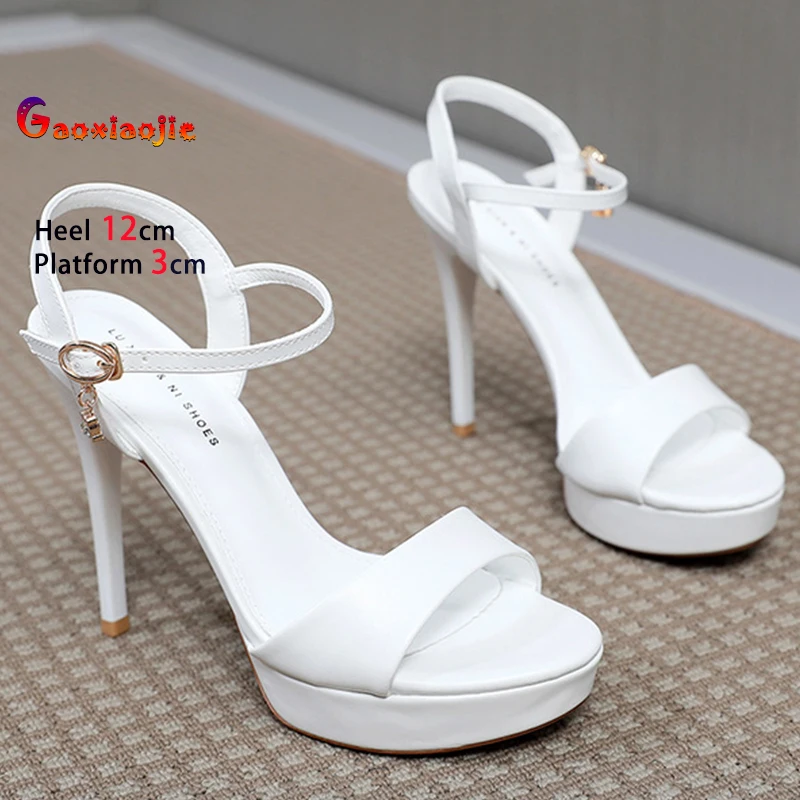 

2025 White High Heels 12cm Platform 3cm Women Shoes Thin Heels Round Head Ladies Pumps Ankle Buckle Sandals Stiletto Party Shoes