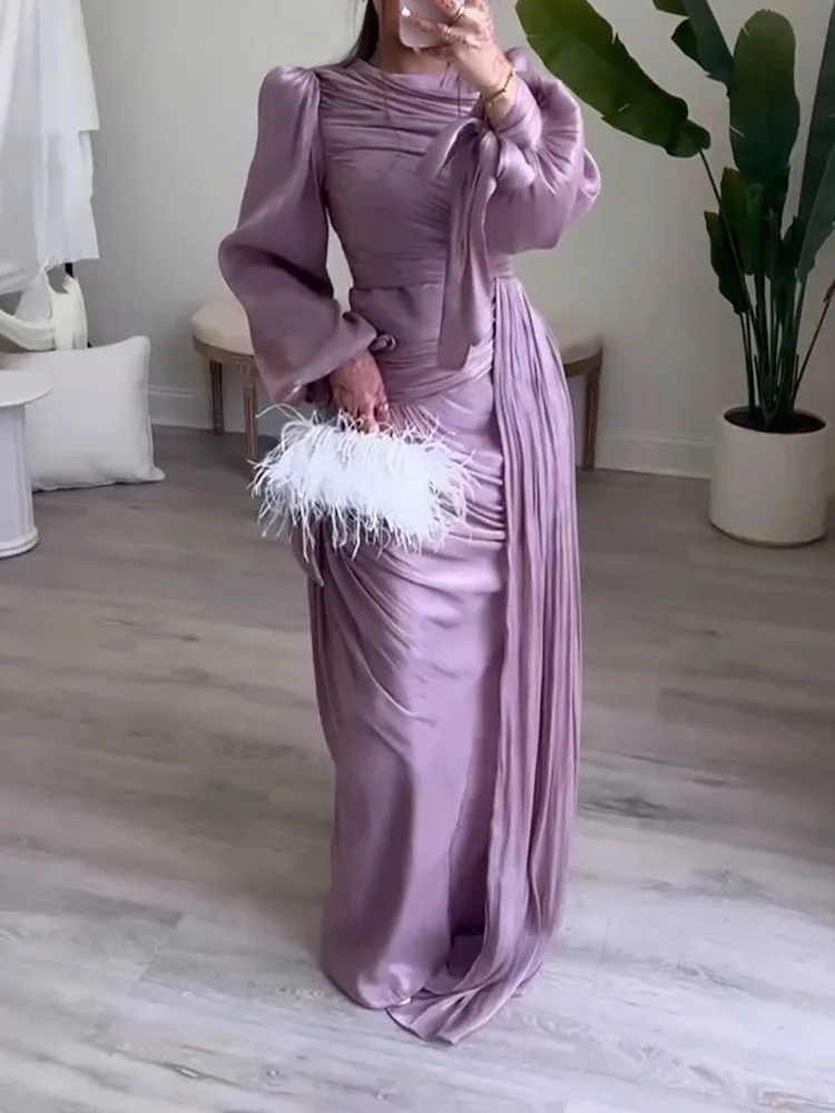 

Роскошное однотонное плиссированное тонкое вечернее платье, элегантное вечернее платье с длинными рукавами и фонариком, темпераментное женское банкетное платье макси с высокой талией