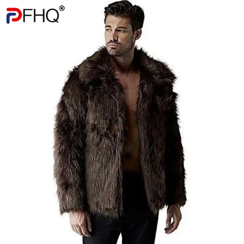 PFHQ Trendy Winter Men's Faux Fur Coats Turn-down Collar Solid Color Casual Buttonless Loose Male Jacket Simple Menswear 21Z7611