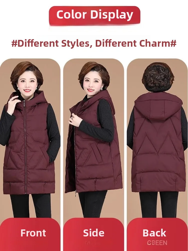 Plus Size Winter-Jaset-Weste für Frauen mittleren Alters, warme Baumwolle, faionable, lockere Passform, Oberbekleidungsmantel mit Kapuze und Reißverschluss