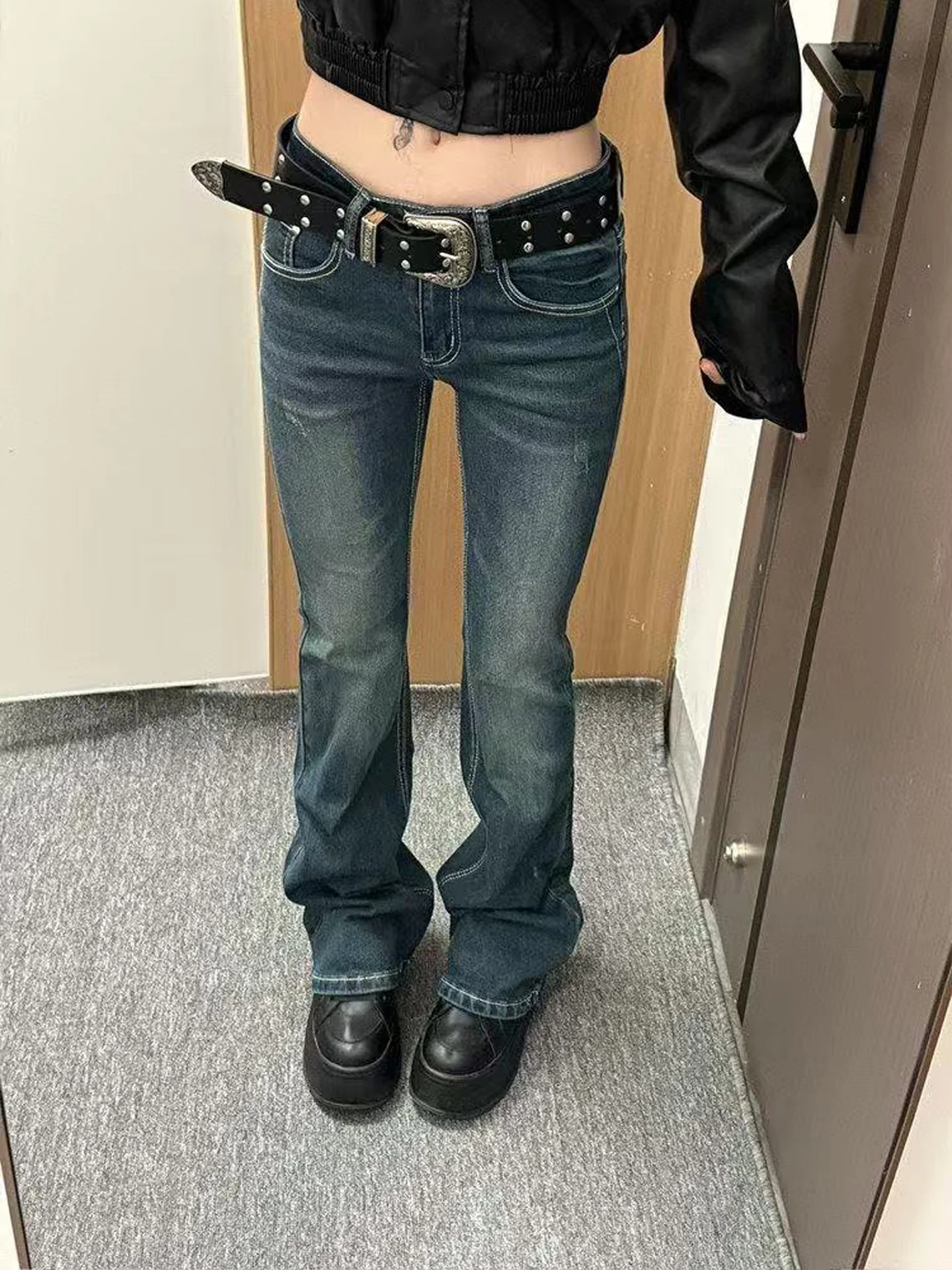 Low Waist Bell Bottom Embroidered Denim Jeans Women's Extended Length Slimming Floor-Length Pants Design Sense Rhinestone