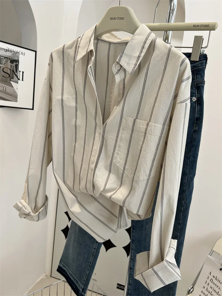 

Women Harajuku Loose Stripe Shirt Japanese Style Long Sleeve Polo Collar Bf Artistic Lazy Autumn Casual Versatile Top