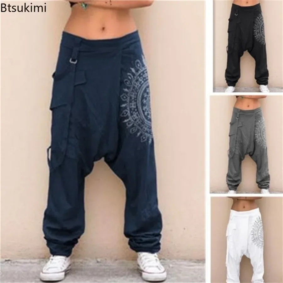 Damskie spodnie haremki z niskim stanem i obniżonym krokiem, vintage nadruk, luźne, szerokie nogawki, styl hip-hop, casualowe, spodnie z krzyżowym krojem, 2026