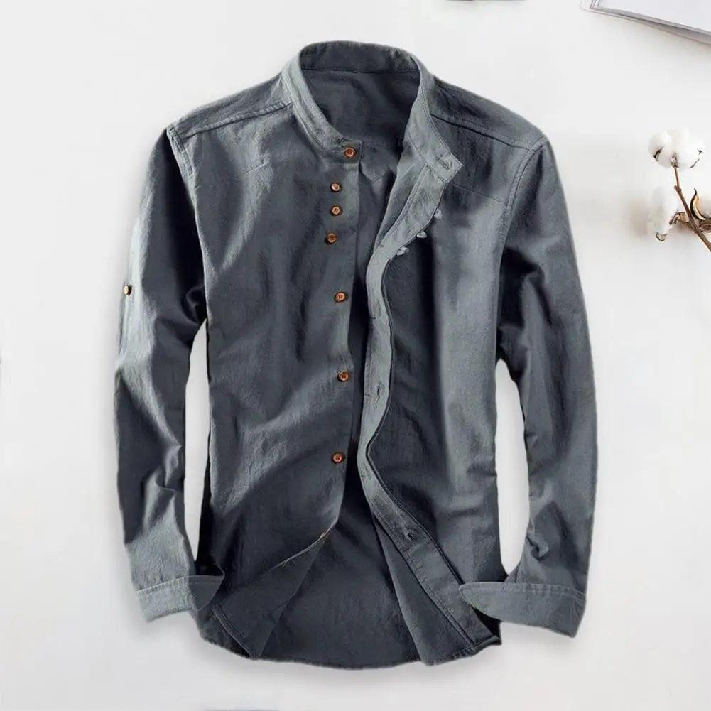 

Solid Color Shirt Stylish Retro Cardigan for Men Warm Stand Collar Shirt Slim Fit Mid Length Office Wear Stand-up Collar Shirt