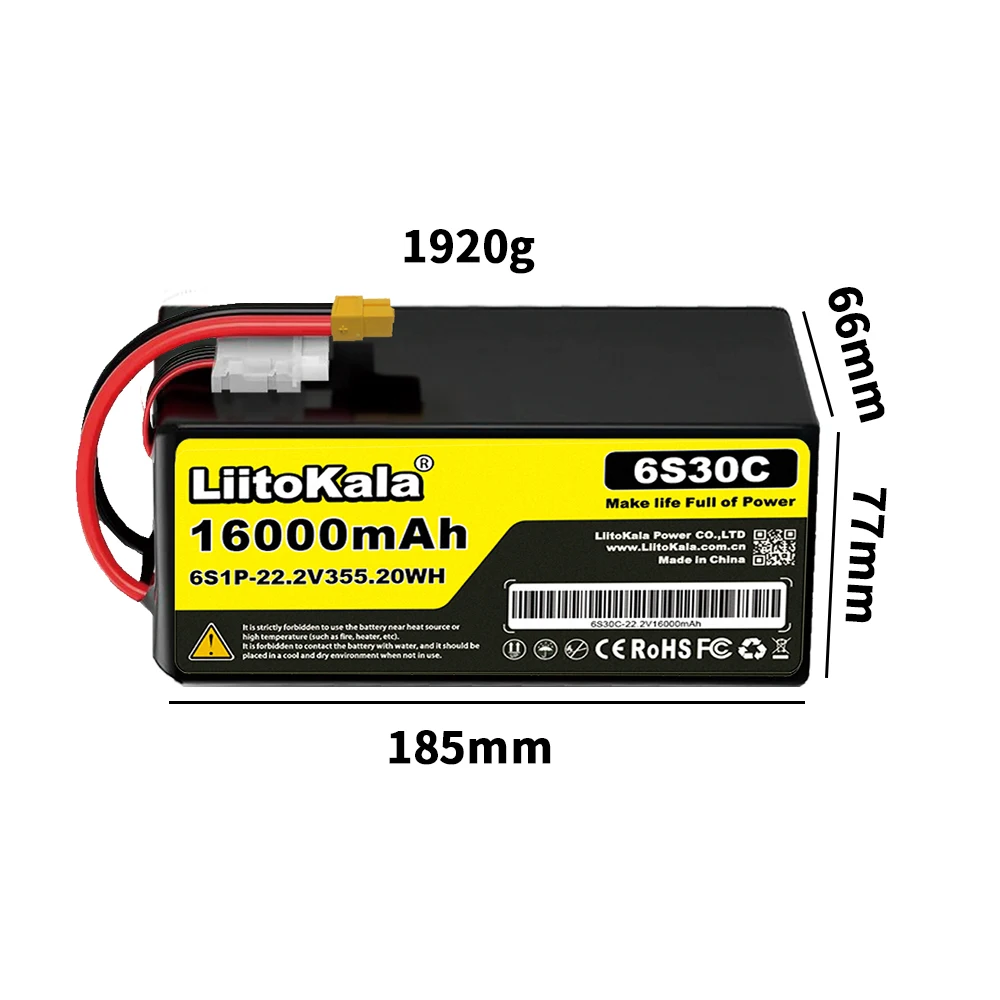 LiitoKala 22.2V 6S 16000mAh 드론 폴리머 리튬 배터리 30C 방전 등급 농업용 드론 트레이너 항공기에 적합