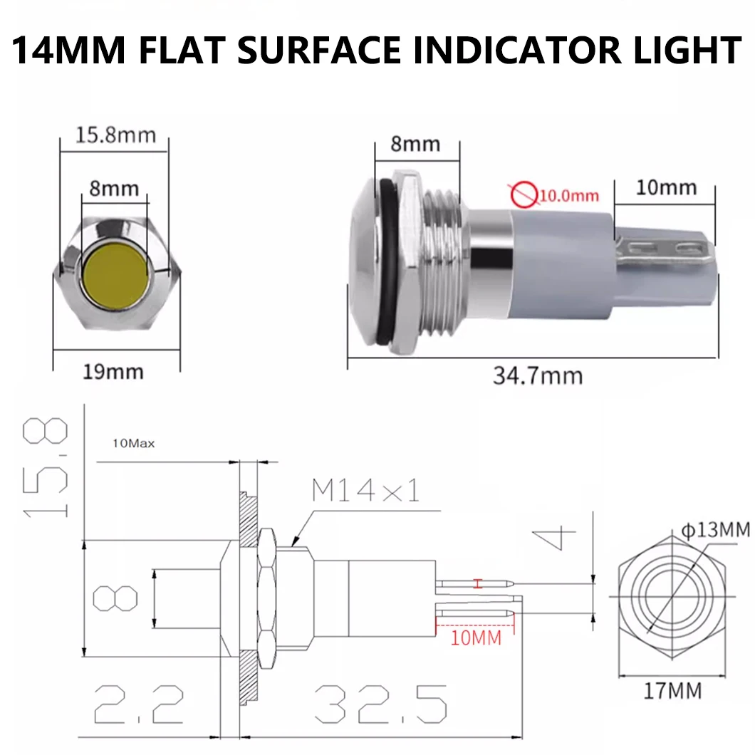 ABILKEEN 10 個 14 ミリメートル LED 金属インジケータライト AC/DC 3 〜 220V ミニ信号パイロットランプ IP65 防水工業用パイロットライト