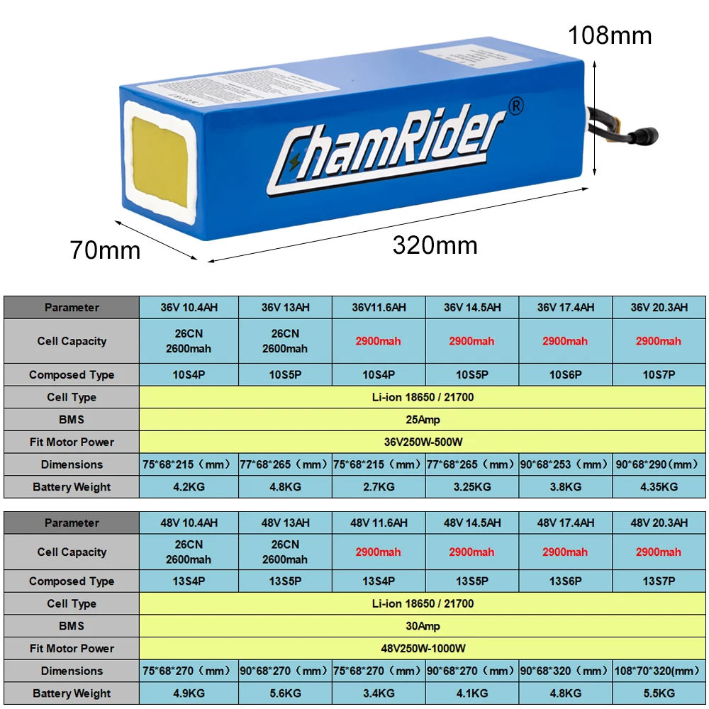 ChamRider Ebike 48v Battery Pack 36v 10ah 20ah 30ah 18650 30A BMS Cells Lithium Battery Pack For Electric Scooter Fast Delivery