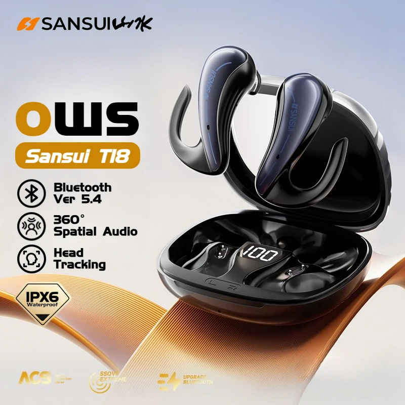 Sansui T18 Head Tracking Spatial Audio Headphone Deep Bass OWS Bluetooth 5.4 Wireless Earphones IPX6 Waterproof Sports Headsets