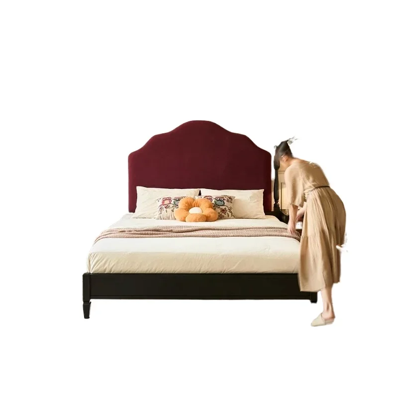 

French retro bed solid wood bed 1.8 meters double small apartment soft high backrest large