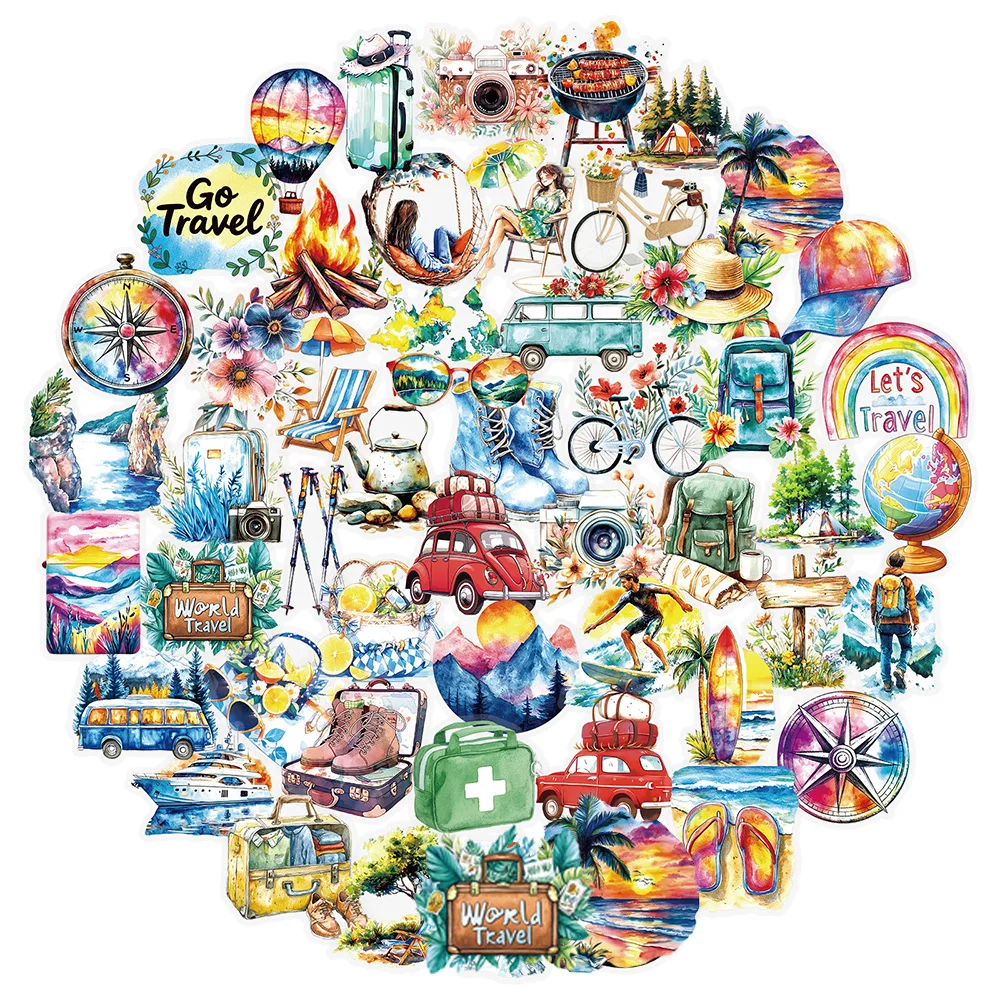 

10/30/56pcs Watercolor Outdoor Travel Cartoon Stickers Aesthetic Graffiti Decals Water Bottle Notebook Phone Sticker Decoration
