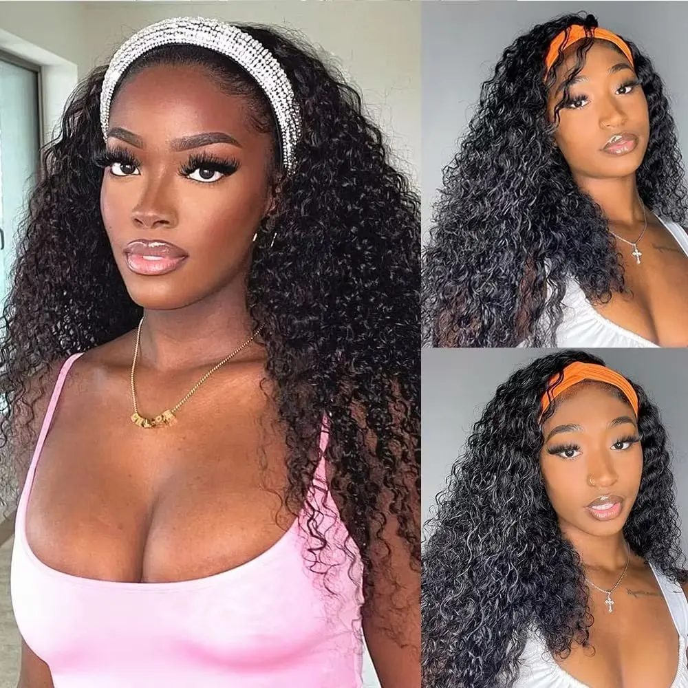 Human Hair Headband Wig Kinky Curly Full Machine Made Brazilian Remy Human Hair Wigs For Women 180% Density  Natural Color