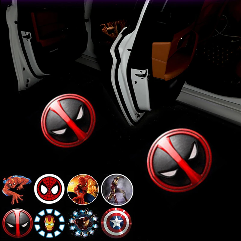 2pcs Universal Marvel Deadpool Spider Man Iron Man Captain America LED Car Door Welcome Light Laser Projection Wireless Lamp